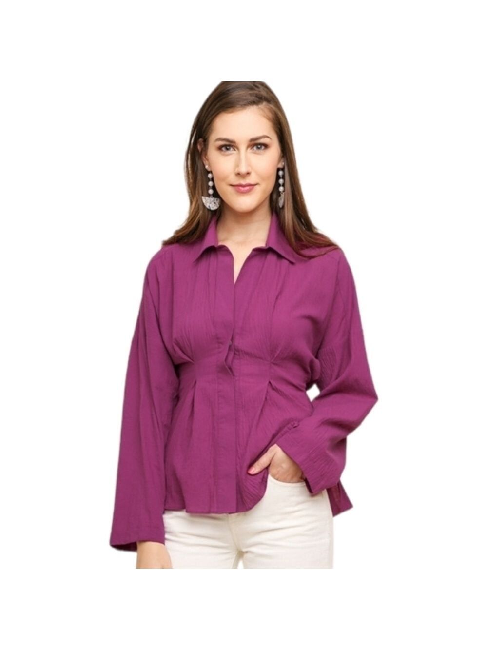 UMGEE | Long Sleeve Pleated Front Collared Top with a Waist Tie